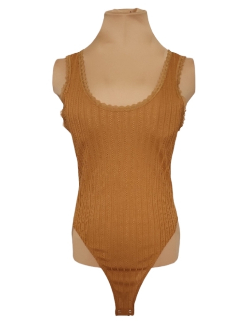 Forever 21 Ribbed Knit Bodysuit Lace Trim Tan Brown Medium